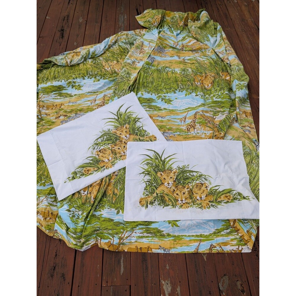 Fieldcrest Living Free Safari Twin Sheet set Vintage 70s Flat Fitted Pillowcases
